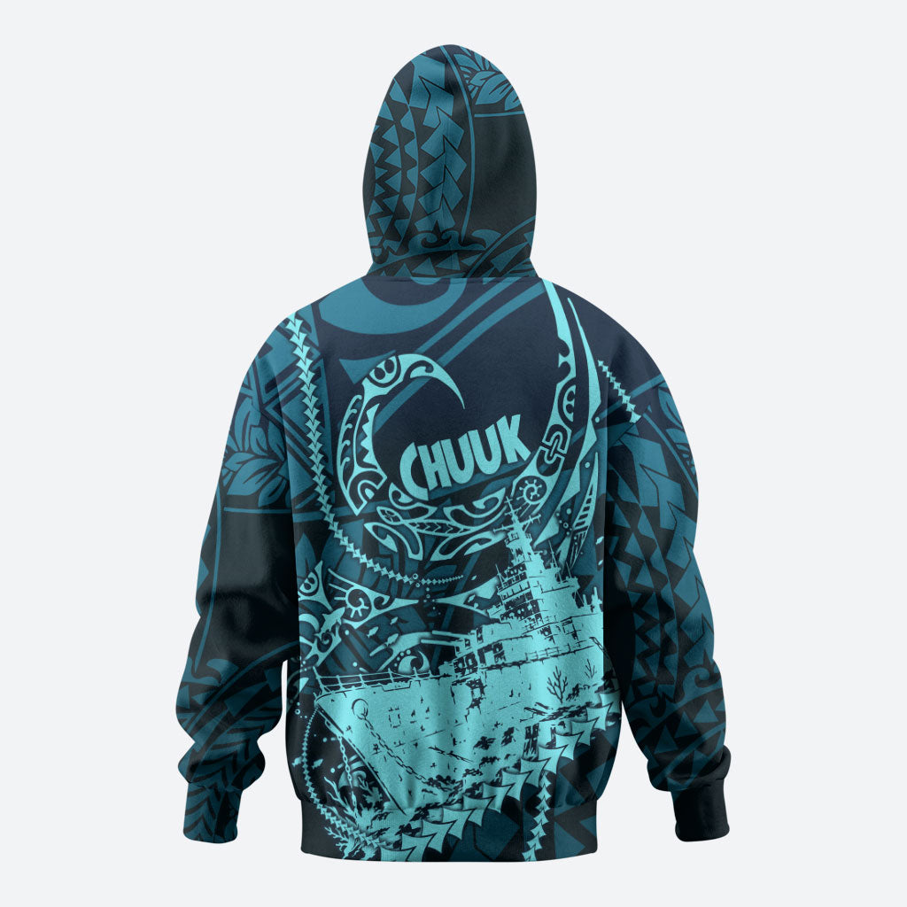 Chuuk Deep Into Truk Lagoon Zip Hoodie Polynesian Tribal Pattern Wreck Diving Teal Ship Art TS04 - Polynesian Pride