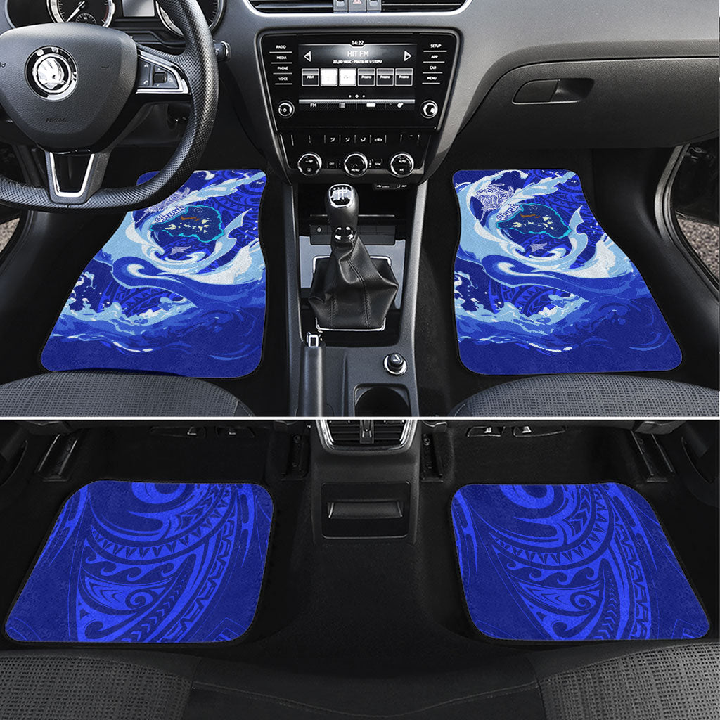 Chuuk Micronesian Roots Car Mats Polynesian Tribal Pattern Hibiscus Flower And Stingray Art TS04 Set 4pcs Blue White - Polynesian Pride