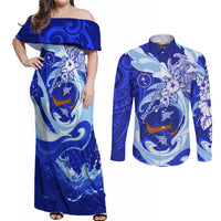 Chuuk Micronesian Roots Couples Matching Off Shoulder Maxi Dress and Long Sleeve Button Shirt Polynesian Tribal Pattern Hibiscus Flower And Stingray Art