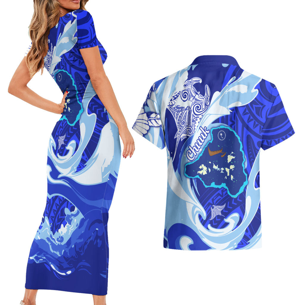 Chuuk Micronesian Roots Couples Matching Short Sleeve Bodycon Dress and Hawaiian Shirt Polynesian Tribal Pattern Hibiscus Flower And Stingray Art