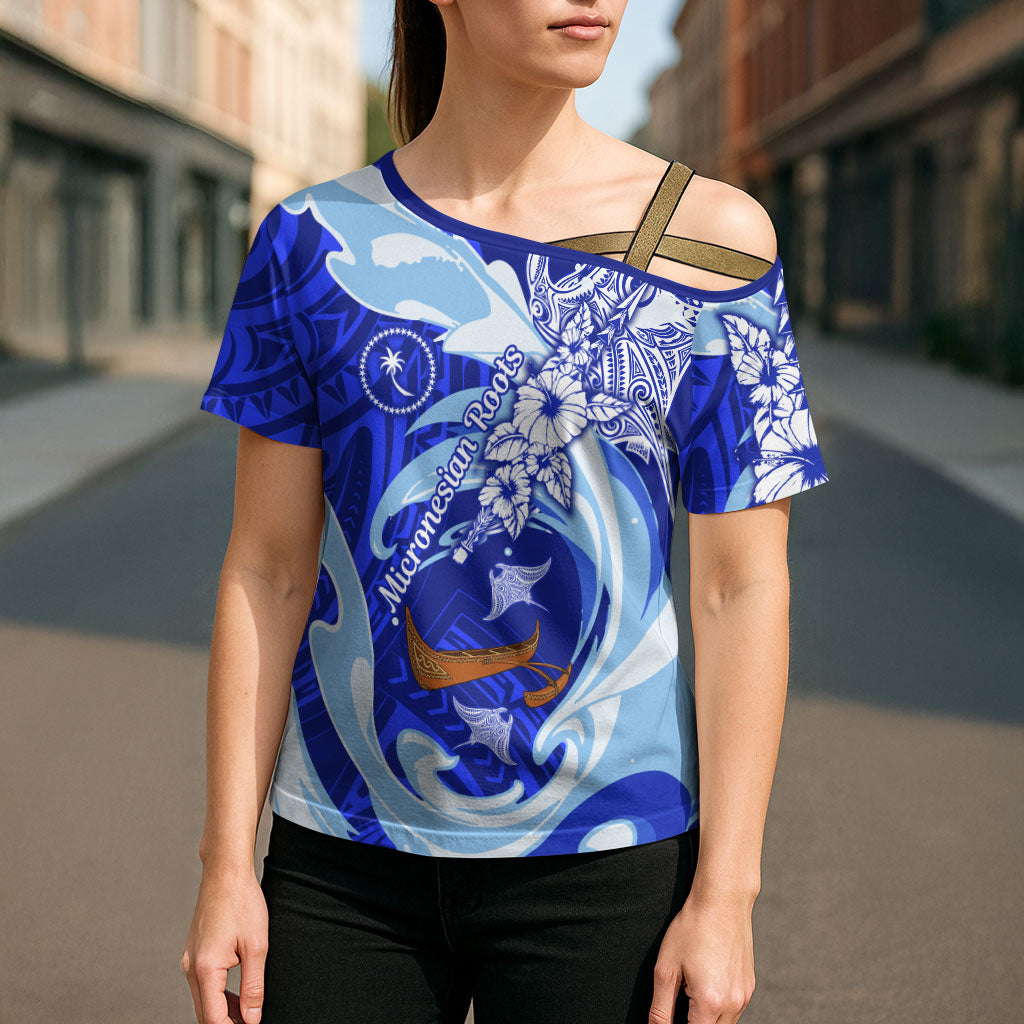 Chuuk Micronesian Roots Cross Shoulder Shirt Polynesian Tribal Pattern Hibiscus Flower And Stingray Art