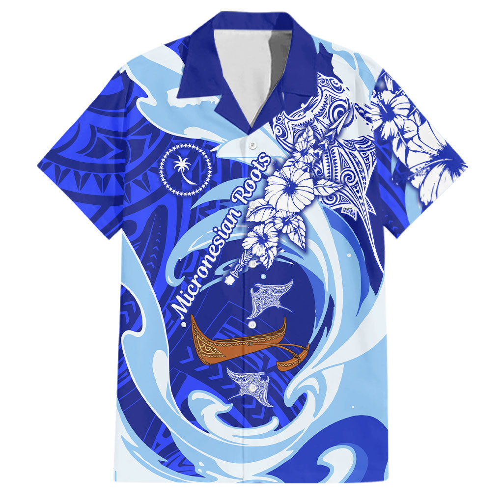 Chuuk Micronesian Roots Family Matching Off Shoulder Short Dress and Hawaiian Shirt Polynesian Tribal Pattern Hibiscus Flower And Stingray Art