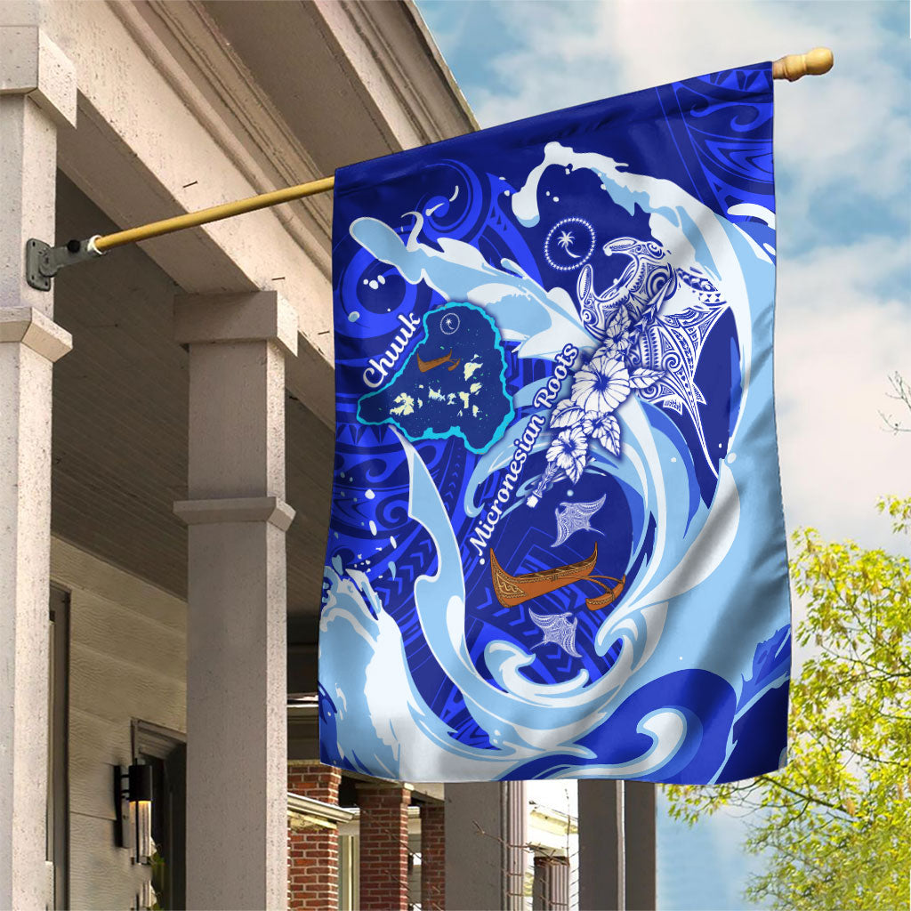 Chuuk Micronesian Roots Garden Flag Polynesian Tribal Pattern Hibiscus Flower And Stingray Art TS04 House Flag Blue White - Polynesian Pride