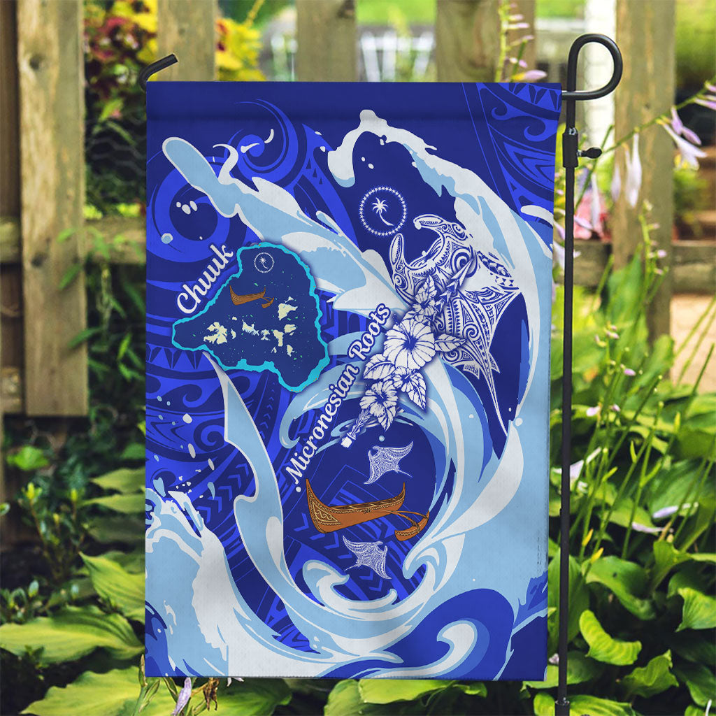 Chuuk Micronesian Roots Garden Flag Polynesian Tribal Pattern Hibiscus Flower And Stingray Art TS04 Garden Flag Blue White - Polynesian Pride