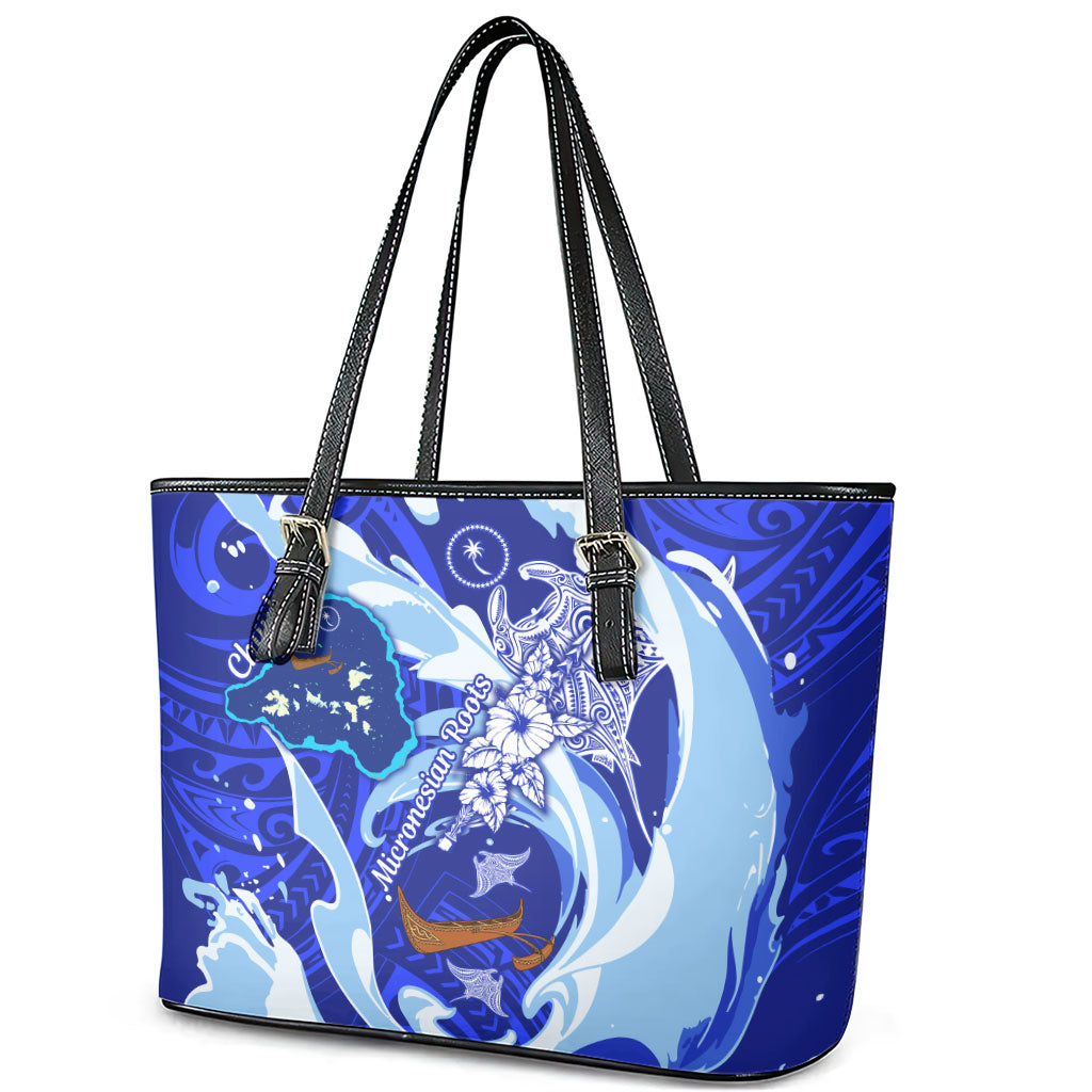 Chuuk Micronesian Roots Leather Tote Bag Polynesian Tribal Pattern Hibiscus Flower And Stingray Art TS04 - Polynesian Pride