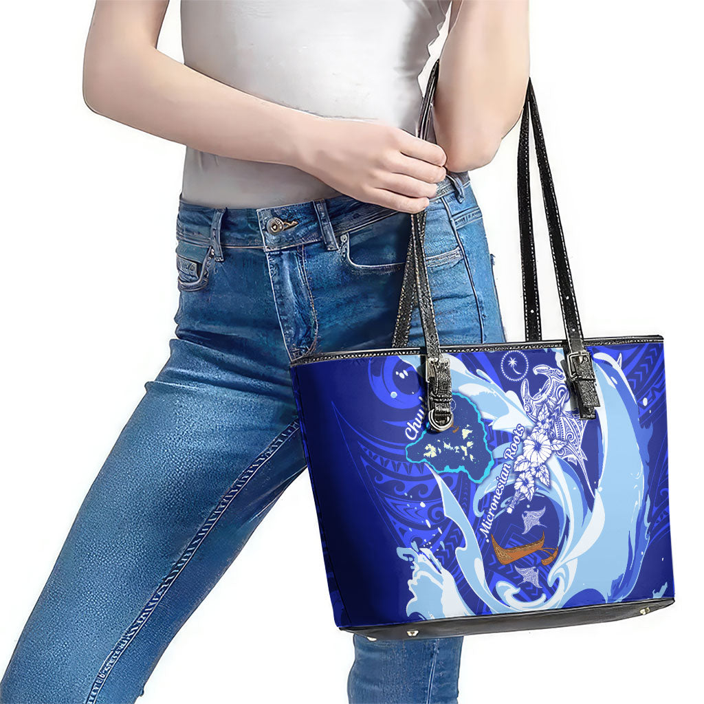 Chuuk Micronesian Roots Leather Tote Bag Polynesian Tribal Pattern Hibiscus Flower And Stingray Art TS04 - Polynesian Pride