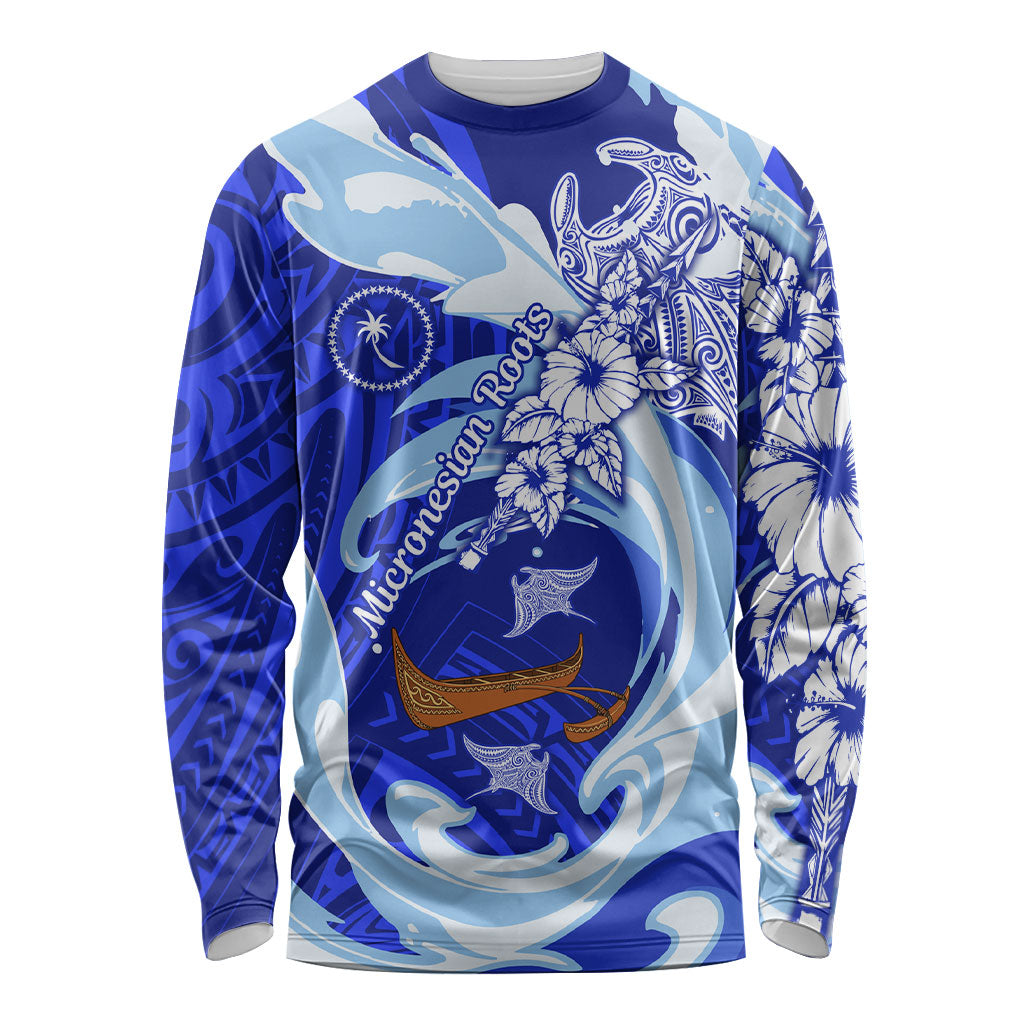 Chuuk Micronesian Roots Long Sleeve Shirt Polynesian Tribal Pattern Hibiscus Flower And Stingray Art