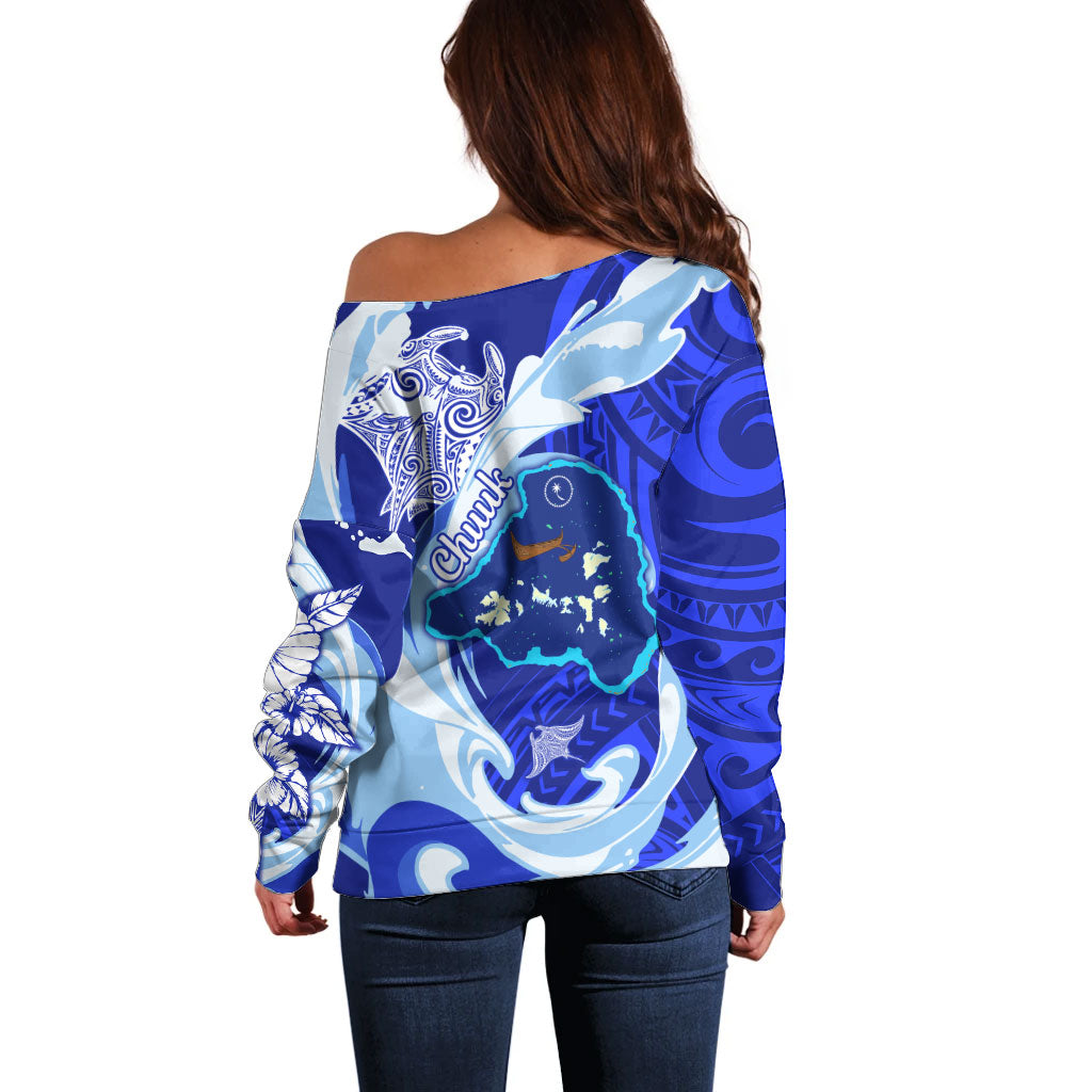Chuuk Micronesian Roots Off Shoulder Sweater Polynesian Tribal Pattern Hibiscus Flower And Stingray Art