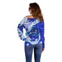 Chuuk Micronesian Roots Off Shoulder Sweater Polynesian Tribal Pattern Hibiscus Flower And Stingray Art