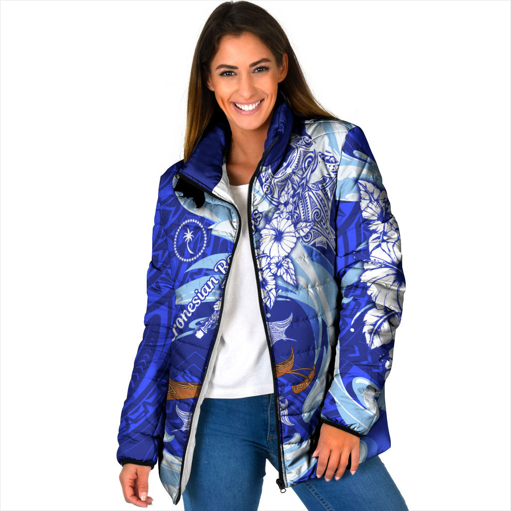 Chuuk Micronesian Roots Padded Jacket Polynesian Tribal Pattern Hibiscus Flower And Stingray Art