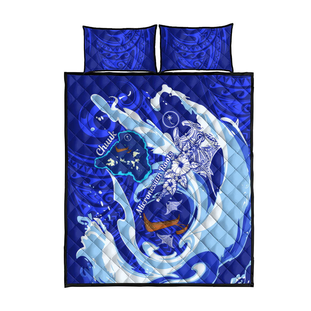 Chuuk Micronesian Roots Quilt Bed Set Polynesian Tribal Pattern Hibiscus Flower And Stingray Art