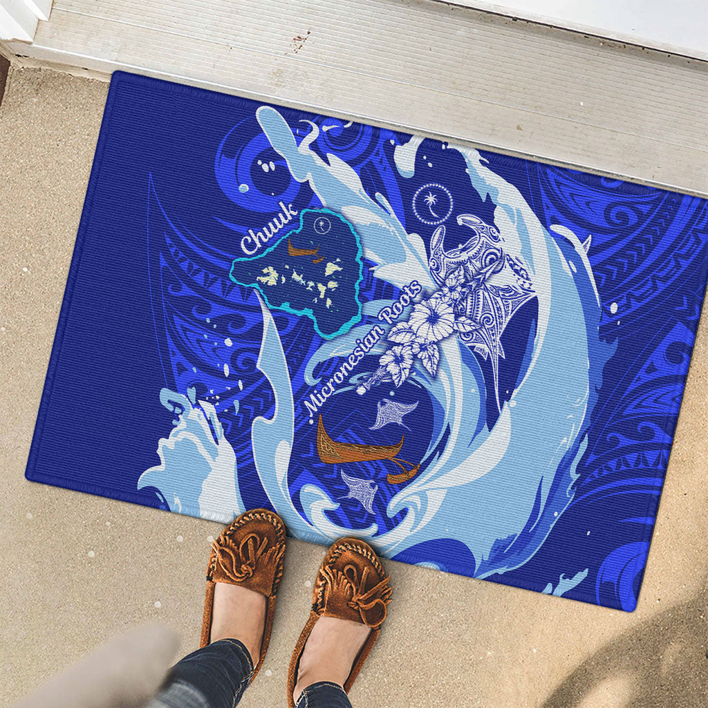 Chuuk Micronesian Roots Rubber Doormat Polynesian Tribal Pattern Hibiscus Flower And Stingray Art