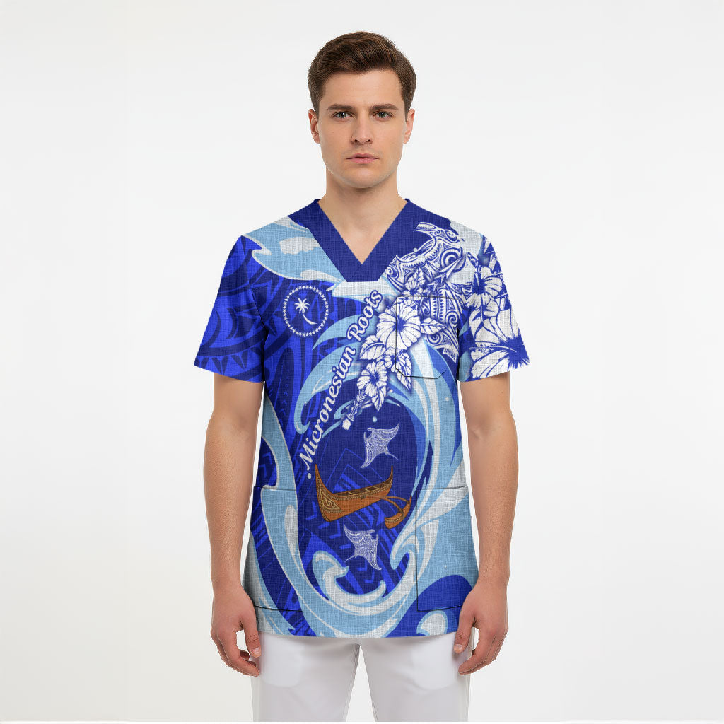 Chuuk Micronesian Roots Scrub Top Polynesian Tribal Pattern Hibiscus Flower And Stingray Art