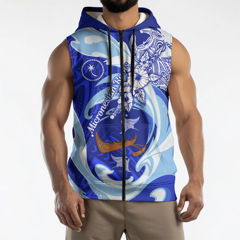 Chuuk Micronesian Roots Sleeveless Zip Hoodie Polynesian Tribal Pattern Hibiscus Flower And Stingray Art