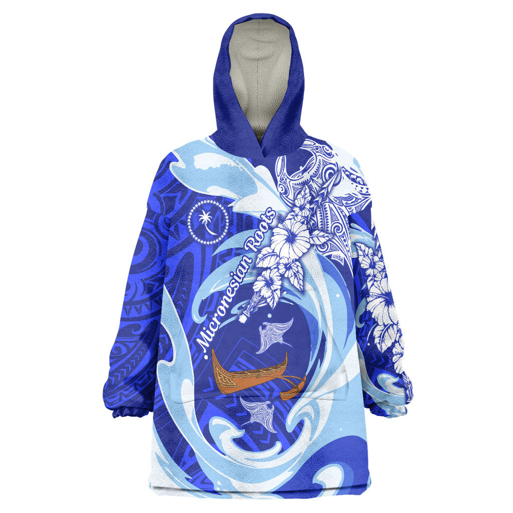 Chuuk Micronesian Roots Wearable Blanket Hoodie Polynesian Tribal Pattern Hibiscus Flower And Stingray Art