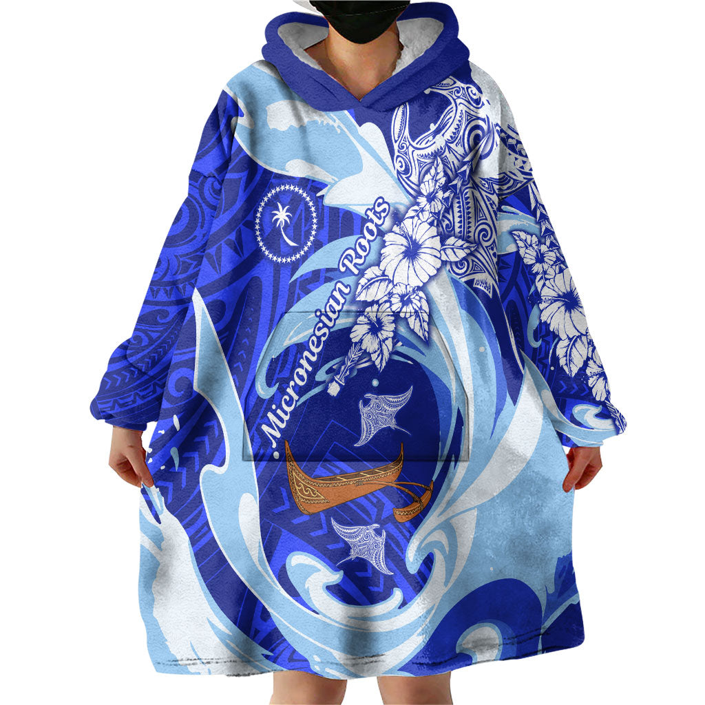 Chuuk Micronesian Roots Wearable Blanket Hoodie Polynesian Tribal Pattern Hibiscus Flower And Stingray Art