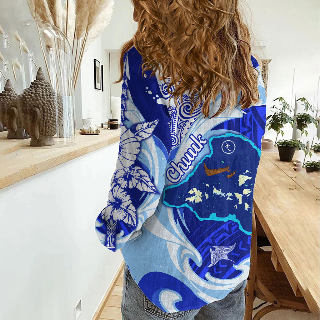 Chuuk Micronesian Roots Women Casual Shirt Polynesian Tribal Pattern Hibiscus Flower And Stingray Art