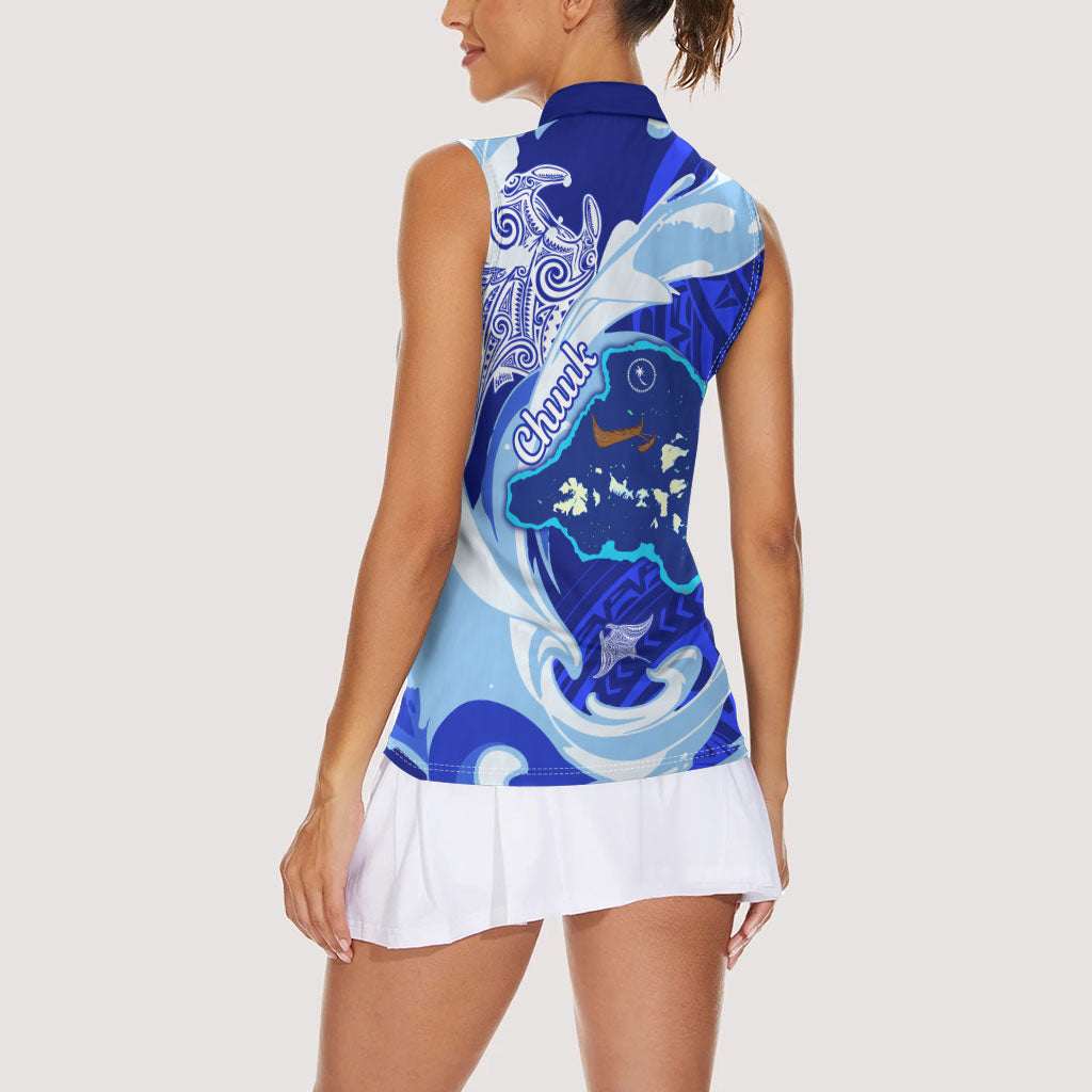 Chuuk Micronesian Roots Women Sleeveless Polo Shirt Polynesian Tribal Pattern Hibiscus Flower And Stingray Art