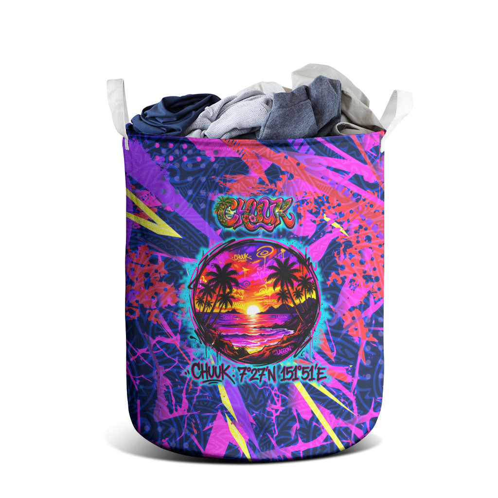 Chuuk Tropical Sunset Coordinates Laundry Basket Neon Graffiti Polynesian Tribal