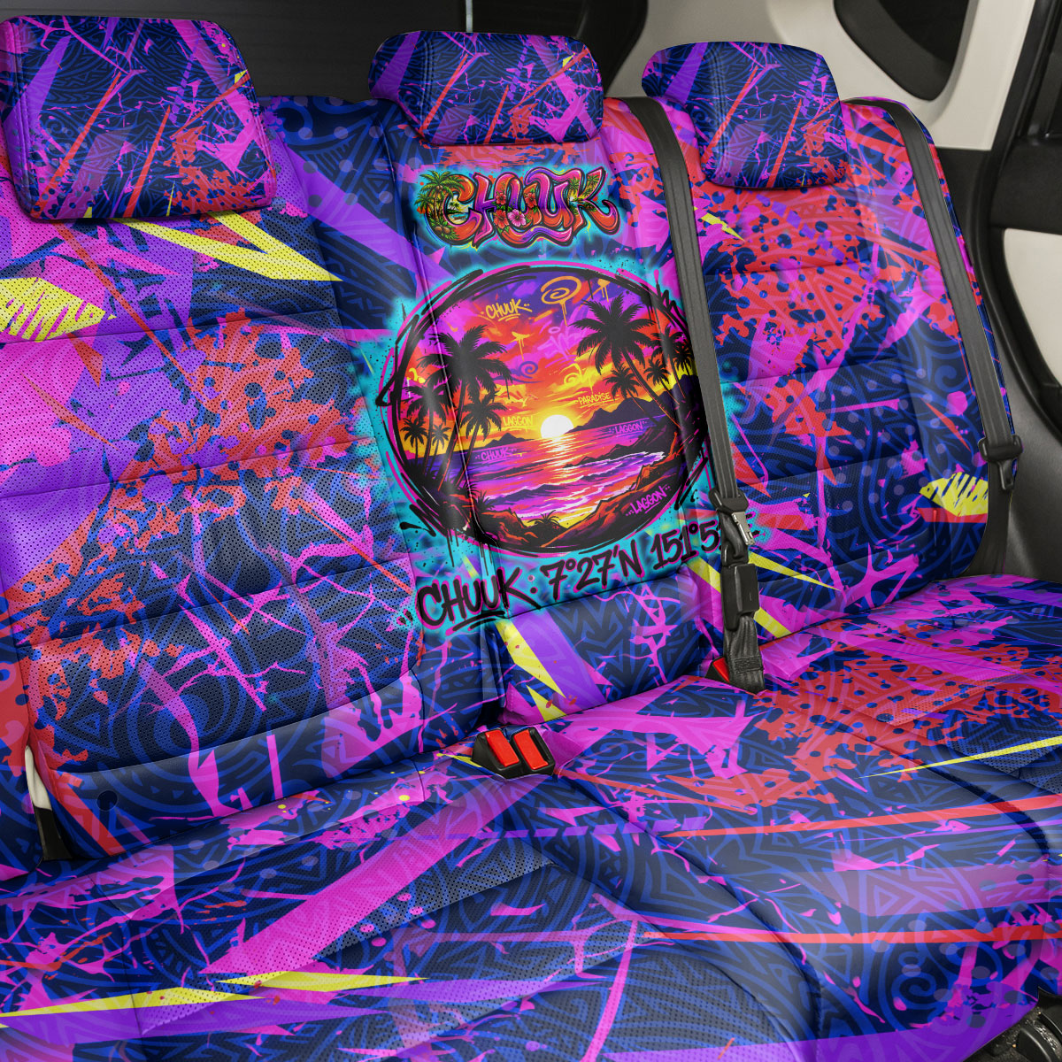 Chuuk Tropical Sunset Coordinates Back Car Seat Cover Neon Graffiti Polynesian Tribal
