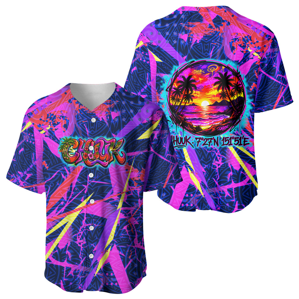 Chuuk Tropical Sunset Coordinates Baseball Jersey Neon Graffiti Polynesian Tribal