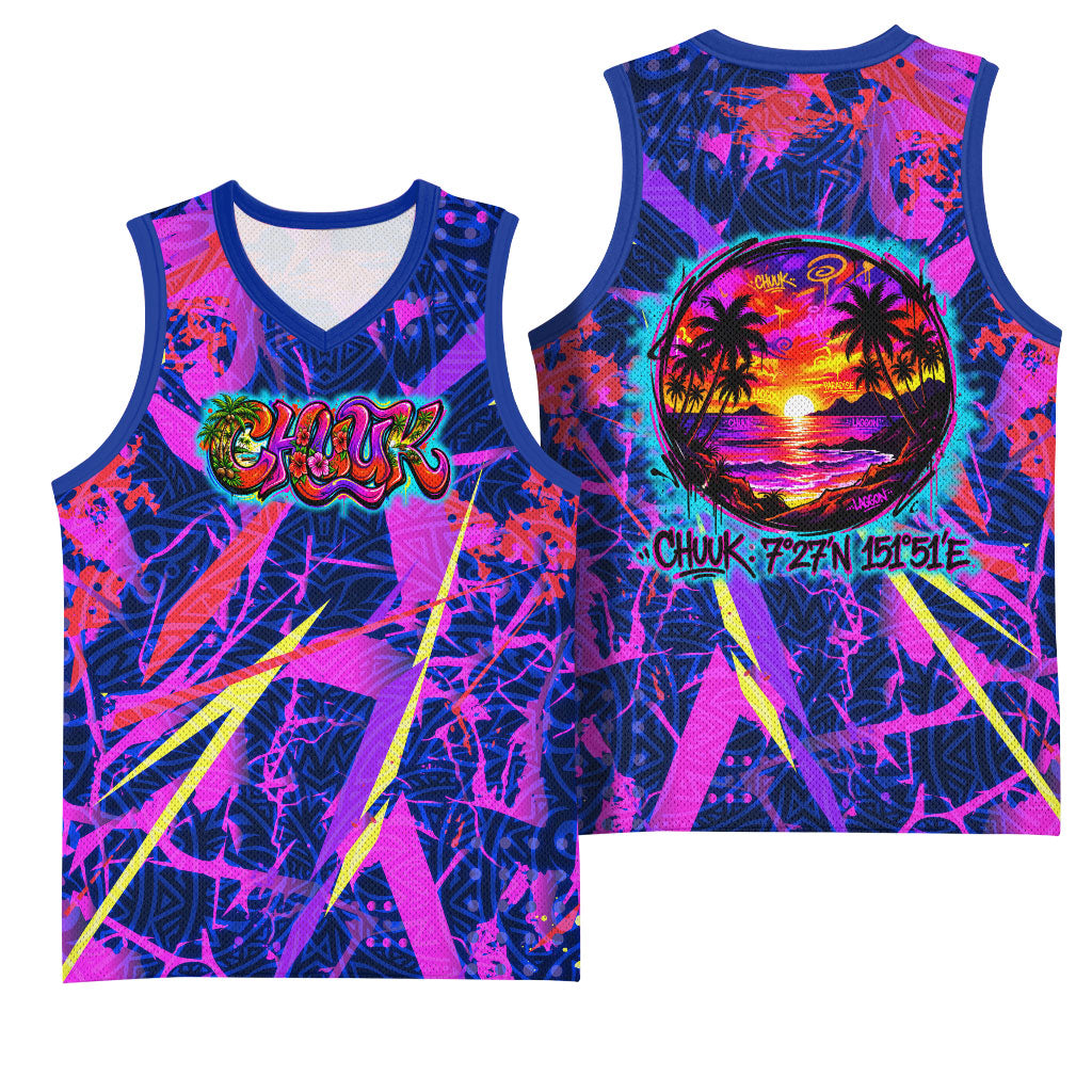 Chuuk Tropical Sunset Coordinates Basketball Jersey Neon Graffiti Polynesian Tribal