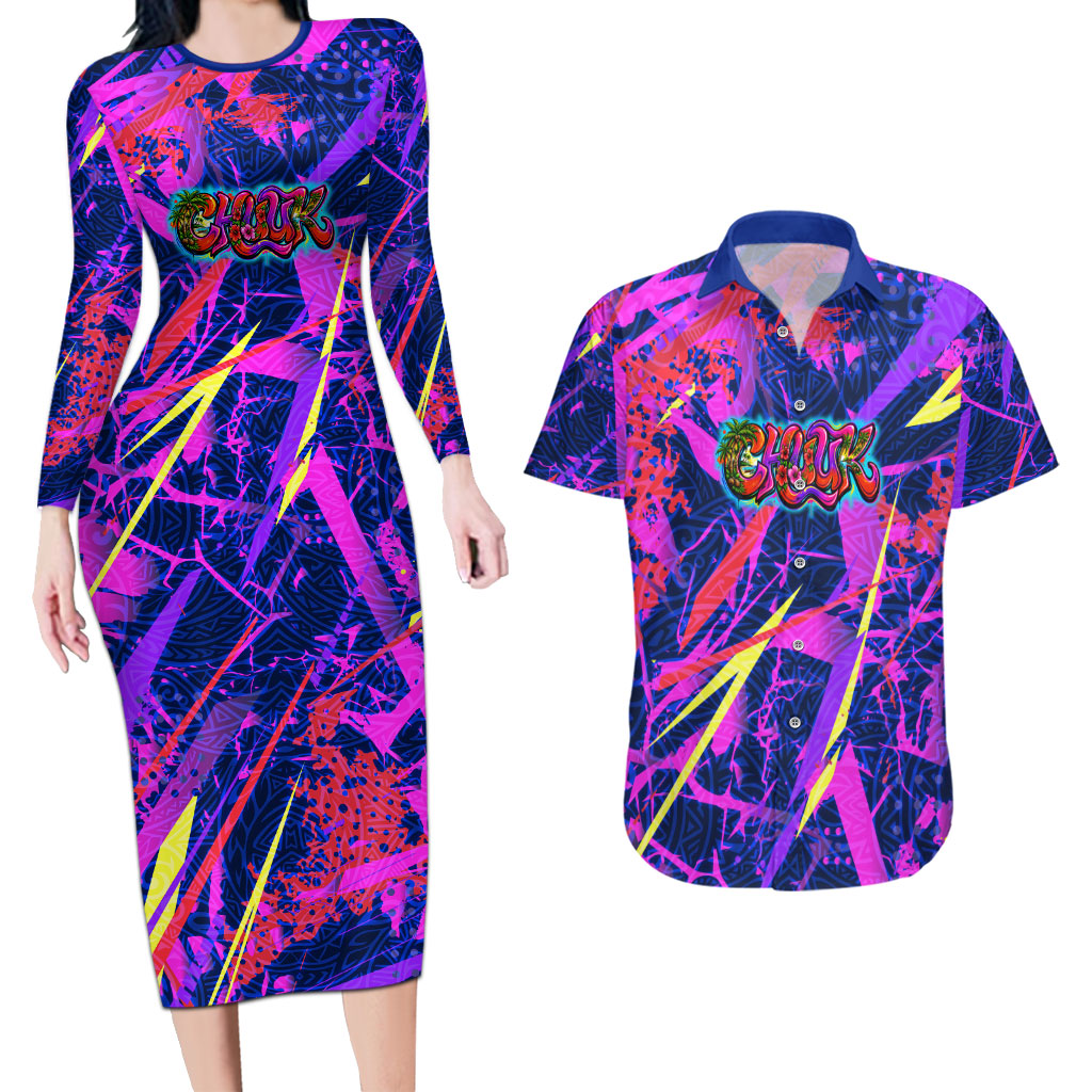 Chuuk Tropical Sunset Coordinates Couples Matching Long Sleeve Bodycon Dress and Hawaiian Shirt Neon Graffiti Polynesian Tribal