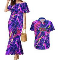 Chuuk Tropical Sunset Coordinates Couples Matching Mermaid Dress and Hawaiian Shirt Neon Graffiti Polynesian Tribal