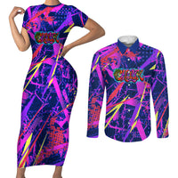 Chuuk Tropical Sunset Coordinates Couples Matching Short Sleeve Bodycon Dress and Long Sleeve Button Shirt Neon Graffiti Polynesian Tribal