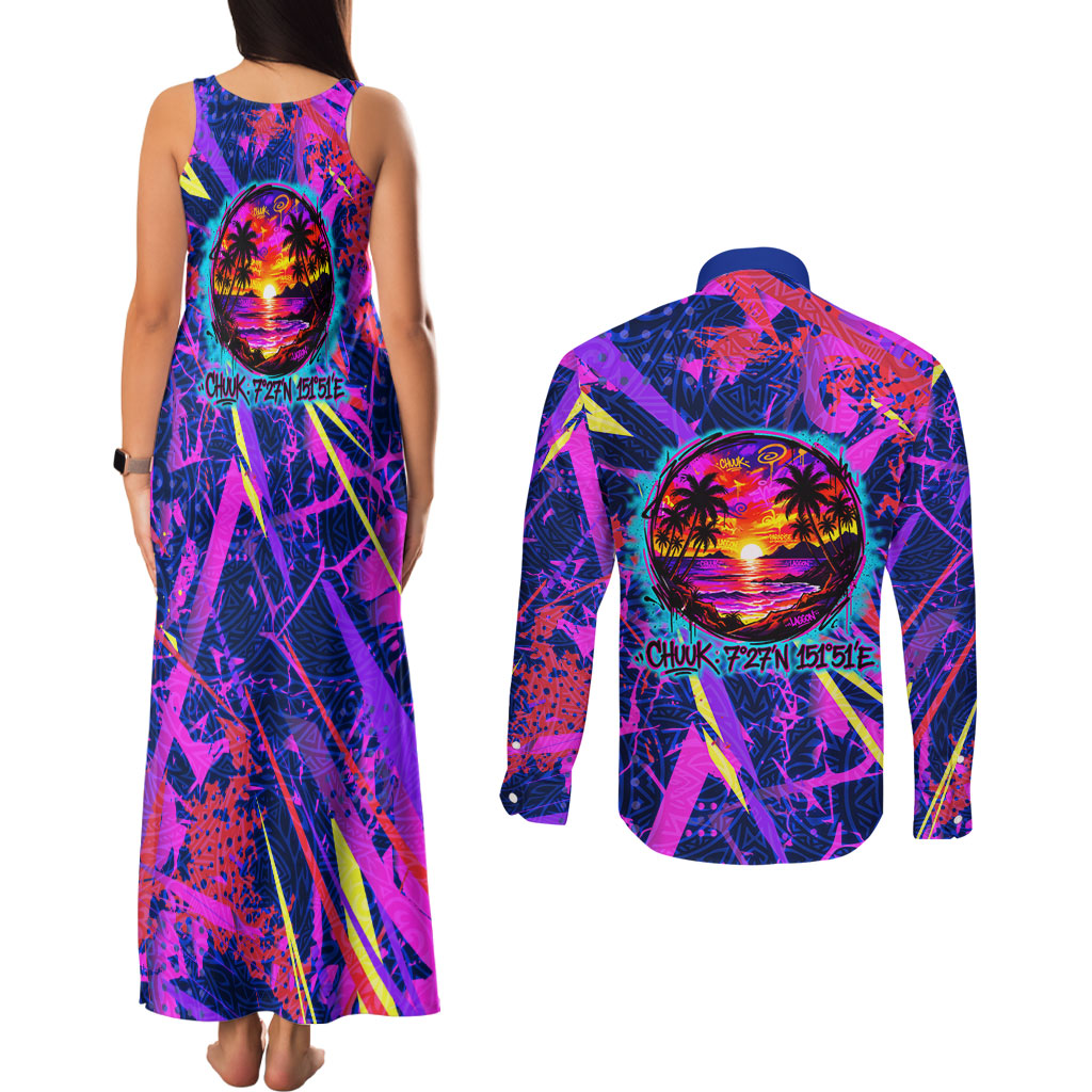 Chuuk Tropical Sunset Coordinates Couples Matching Tank Maxi Dress and Long Sleeve Button Shirt Neon Graffiti Polynesian Tribal