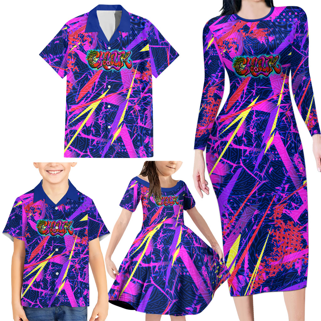 Chuuk Tropical Sunset Coordinates Family Matching Long Sleeve Bodycon Dress and Hawaiian Shirt Neon Graffiti Polynesian Tribal