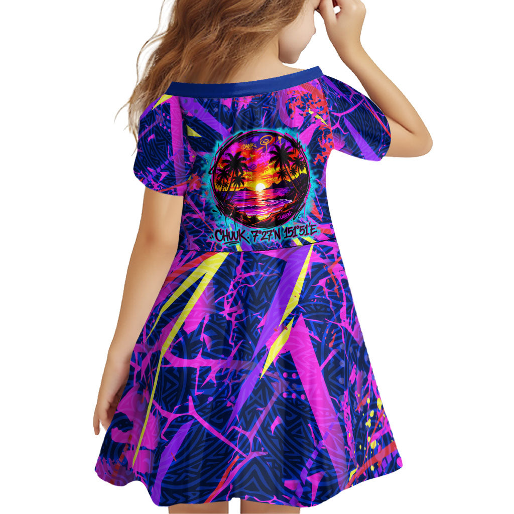Chuuk Tropical Sunset Coordinates Family Matching Off The Shoulder Long Sleeve Dress and Hawaiian Shirt Neon Graffiti Polynesian Tribal