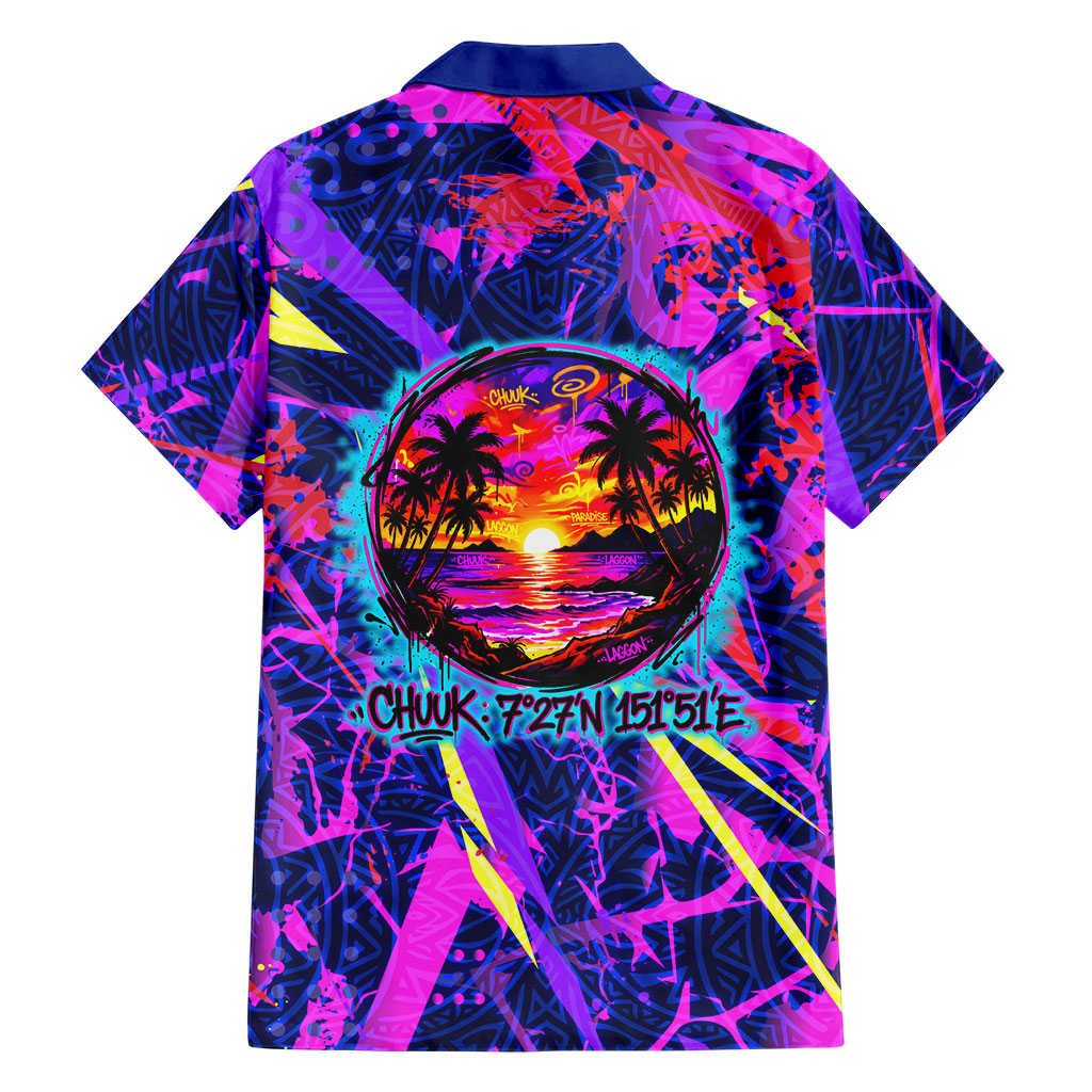 Chuuk Tropical Sunset Coordinates Family Matching Off The Shoulder Long Sleeve Dress and Hawaiian Shirt Neon Graffiti Polynesian Tribal