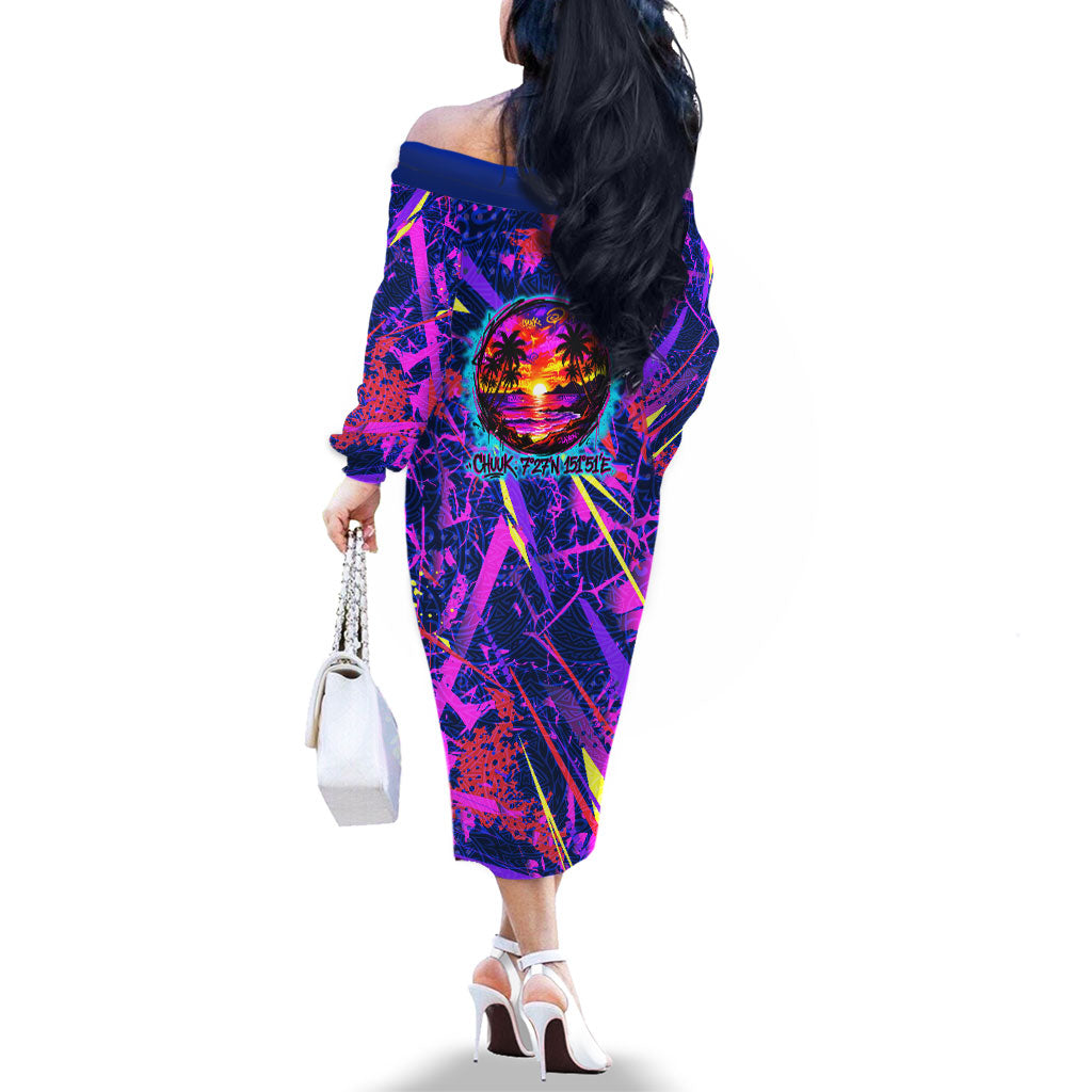 Chuuk Tropical Sunset Coordinates Family Matching Off The Shoulder Long Sleeve Dress and Hawaiian Shirt Neon Graffiti Polynesian Tribal