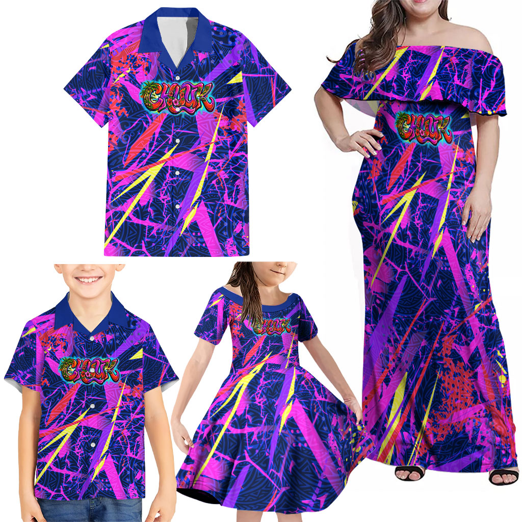 Chuuk Tropical Sunset Coordinates Family Matching Off Shoulder Maxi Dress and Hawaiian Shirt Neon Graffiti Polynesian Tribal