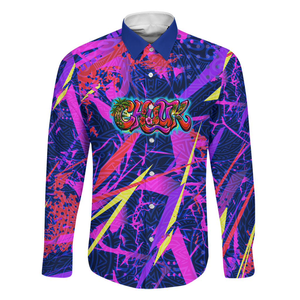 Chuuk Tropical Sunset Coordinates Family Matching Off Shoulder Short Dress and Hawaiian Shirt Neon Graffiti Polynesian Tribal