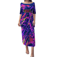 Chuuk Tropical Sunset Coordinates Family Matching Puletasi and Hawaiian Shirt Neon Graffiti Polynesian Tribal