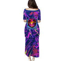 Chuuk Tropical Sunset Coordinates Family Matching Puletasi and Hawaiian Shirt Neon Graffiti Polynesian Tribal