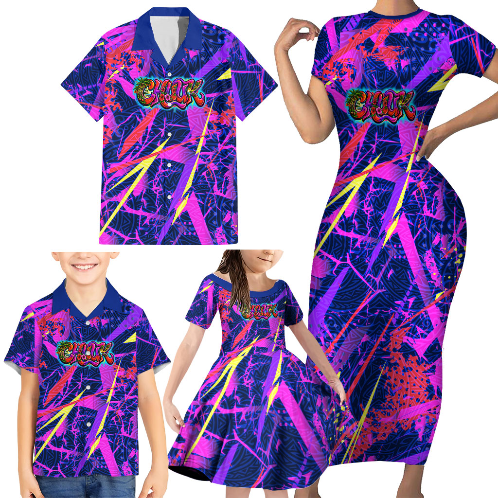 Chuuk Tropical Sunset Coordinates Family Matching Short Sleeve Bodycon Dress and Hawaiian Shirt Neon Graffiti Polynesian Tribal TS04 - Polynesian Pride