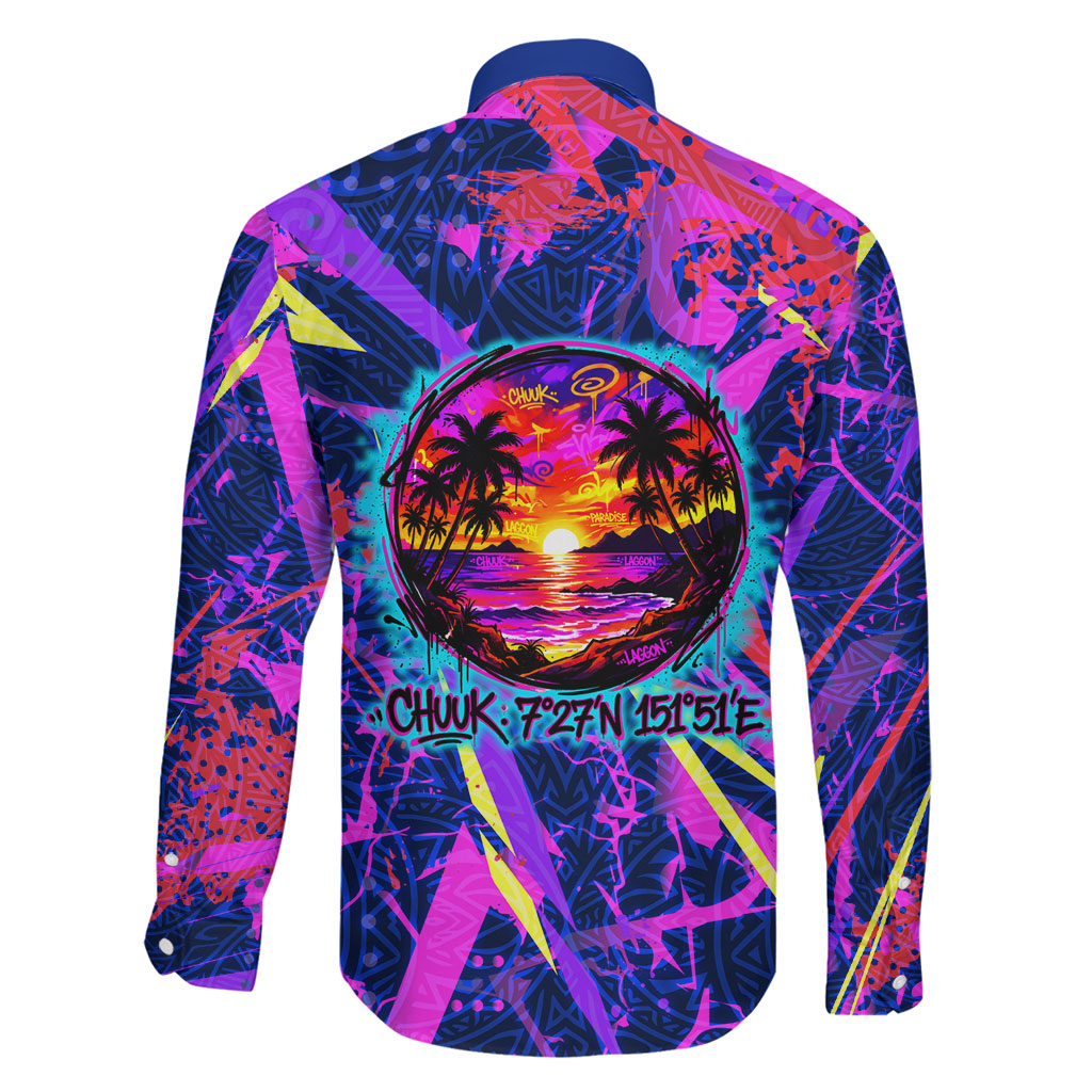 Chuuk Tropical Sunset Coordinates Family Matching Short Sleeve Bodycon Dress and Hawaiian Shirt Neon Graffiti Polynesian Tribal