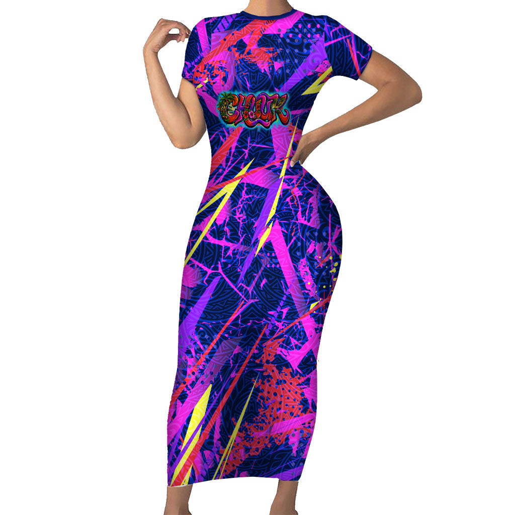 Chuuk Tropical Sunset Coordinates Family Matching Short Sleeve Bodycon Dress and Hawaiian Shirt Neon Graffiti Polynesian Tribal