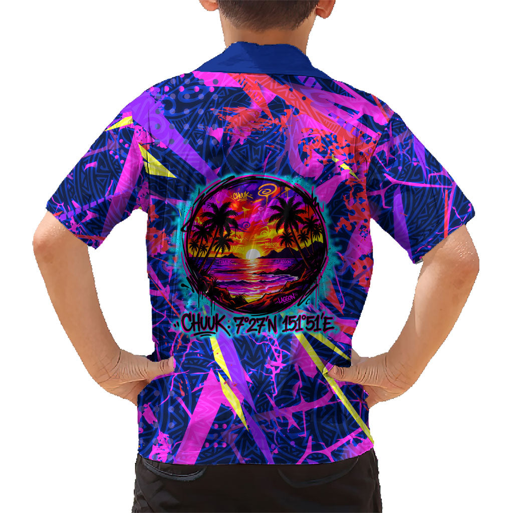 Chuuk Tropical Sunset Coordinates Family Matching Summer Maxi Dress and Hawaiian Shirt Neon Graffiti Polynesian Tribal