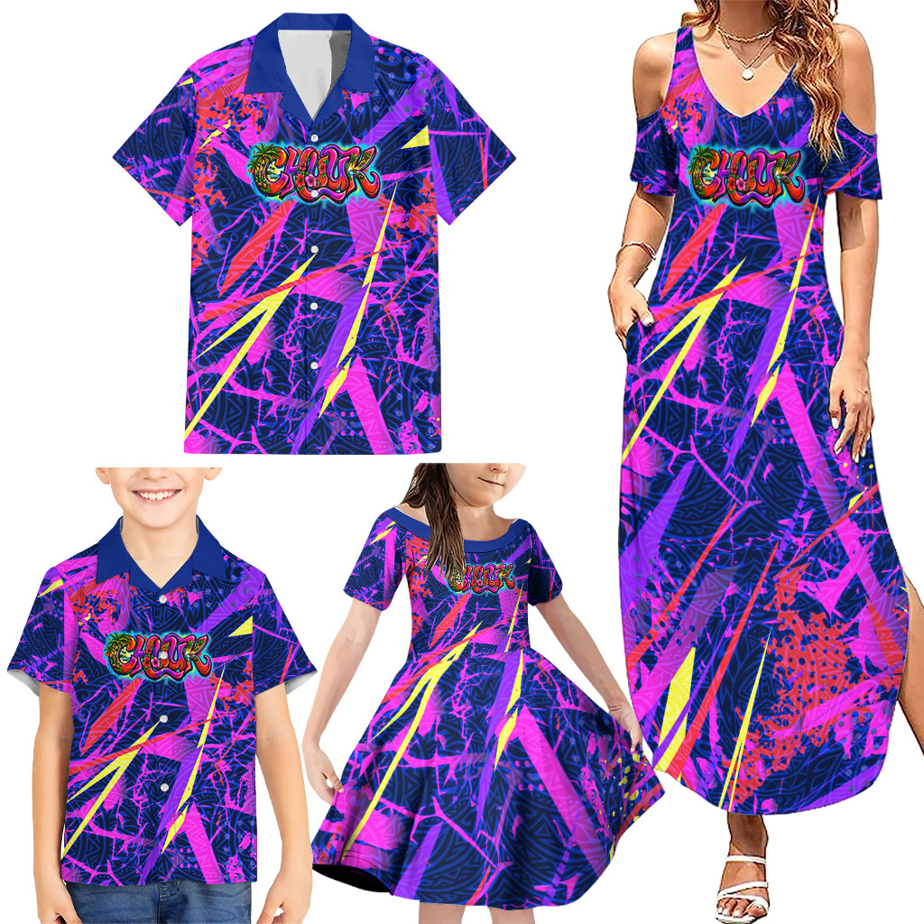 Chuuk Tropical Sunset Coordinates Family Matching Summer Maxi Dress and Hawaiian Shirt Neon Graffiti Polynesian Tribal TS04 - Polynesian Pride