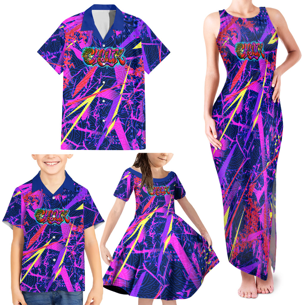 Chuuk Tropical Sunset Coordinates Family Matching Tank Maxi Dress and Hawaiian Shirt Neon Graffiti Polynesian Tribal