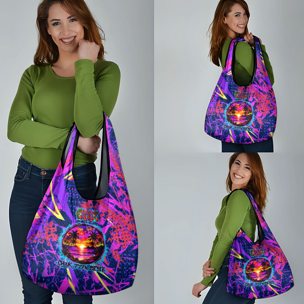 Chuuk Tropical Sunset Coordinates Grocery Bag Neon Graffiti Polynesian Tribal
