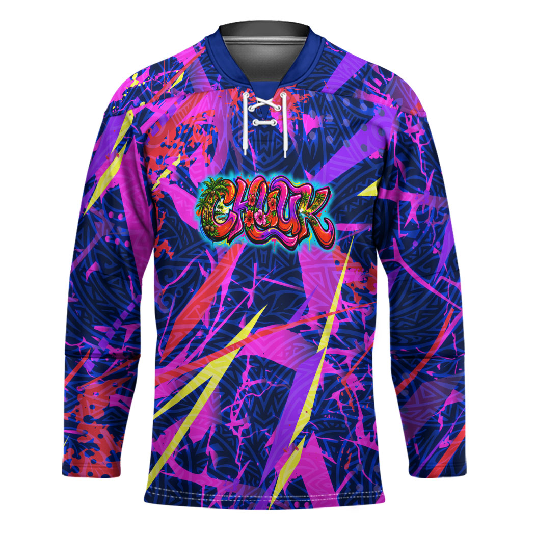 Chuuk Tropical Sunset Coordinates Hockey Jersey Neon Graffiti Polynesian Tribal