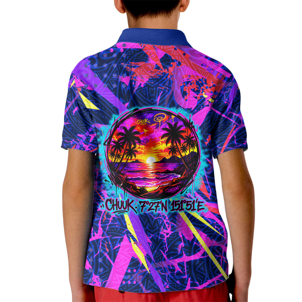 Chuuk Tropical Sunset Coordinates Kid Polo Shirt Neon Graffiti Polynesian Tribal