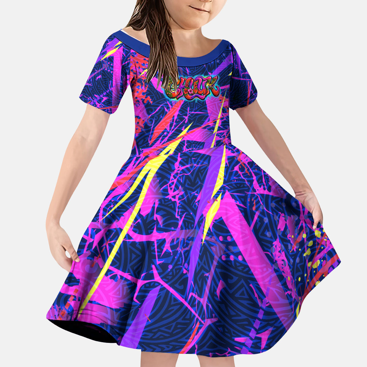 Chuuk Tropical Sunset Coordinates Kid Short Sleeve Dress Neon Graffiti Polynesian Tribal
