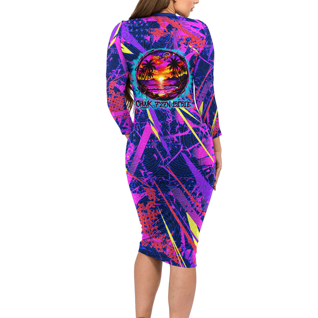 Chuuk Tropical Sunset Coordinates Long Sleeve Bodycon Dress Neon Graffiti Polynesian Tribal TS04 - Polynesian Pride