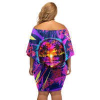 Chuuk Tropical Sunset Coordinates Off Shoulder Short Dress Neon Graffiti Polynesian Tribal